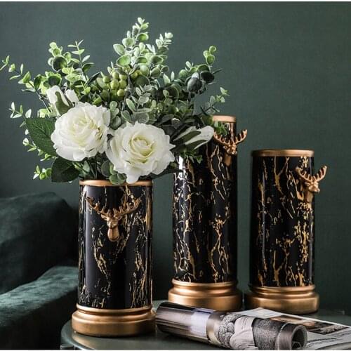 European-style Ceramic Marbled Vase Cylindrical Phnom Penh Deer Head Flower Arrangement Dining Table Dried Flower Ornaments Vase