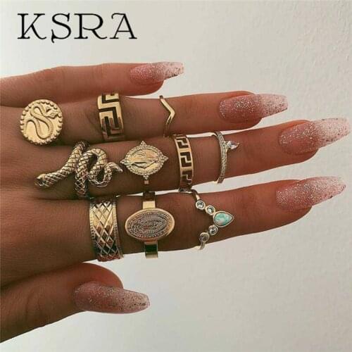2020 New Arrival Hollow Geometry Trendy Rings Set Gold Color Snake Retro Style 10pcs Rings Sets Women Jewelry For Holiday Gift