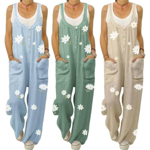 Women Large Size Sleeveless Floral Print Pockets Buttons Jumpsuit Bib Overall Dungarees Streetwear