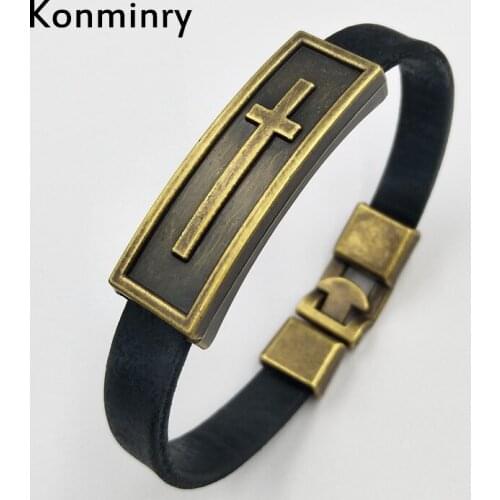 Konminry Christian Cross Bronze Metal Pendant Bracelet & Bangles Devout Disciple Leather Bracelet for Men Women Jewelry