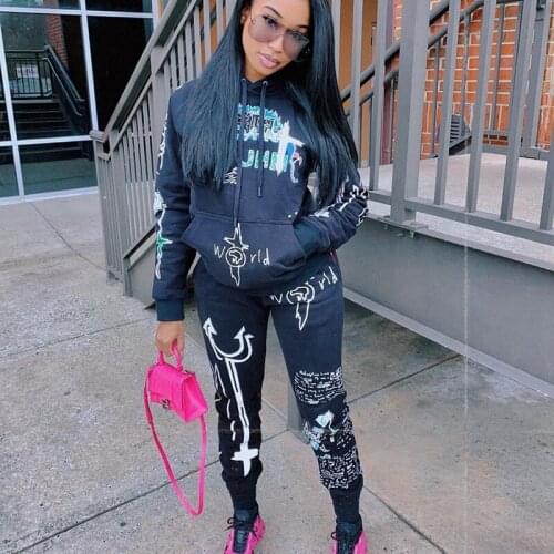 TNNAOFF Plus Size 2 Piece Set Tracksuit for Women Letter Print Long Sleeve Hoodies Joggers Streetweat Lounge Wear Matching Sets