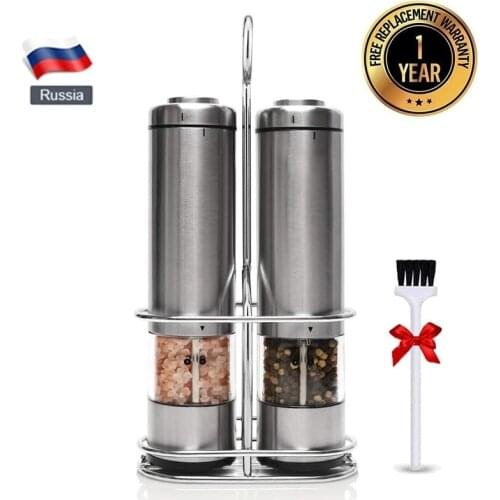 New Electric Salt and Pepper Grinder Set with Metal Stand Automatic Stainless Steel Pepper Mill LED Light Spice Mill for Kitchen