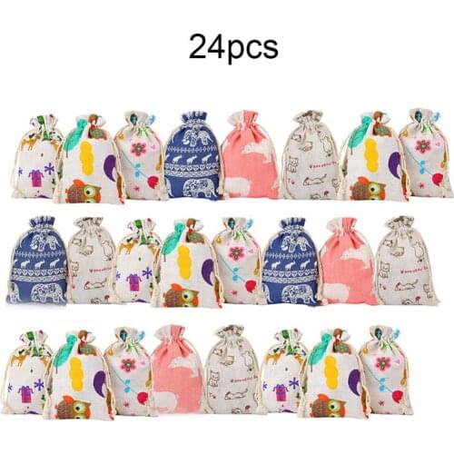 24pcs Christmas Present Bag Cotton Cloth Drawstring Bag With 24pcs Clips Stickers Candy Jewelry Cookie Packaging Bag Party