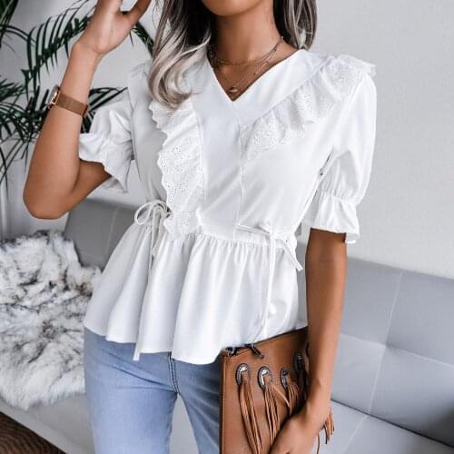 Fashion Woman Blouses 2021 Casual Ruffle Puff Sleeve Top Summer Solid Bandage Tunic Blouse Irregular Draped V-neck Blusas Блузки