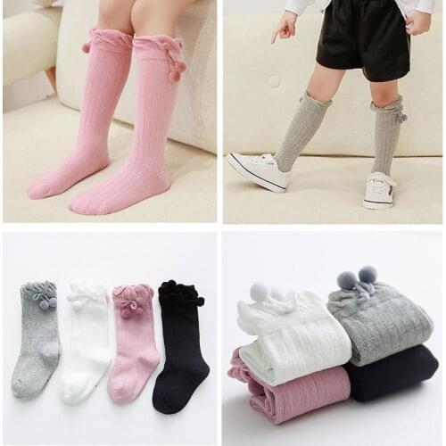 Autumn Winter Kids Baby Girls Socks Soft Ball Pom Pom Knee High Cotton Socks Middle Long Tube Children Floor Socks Calze 1-3Y