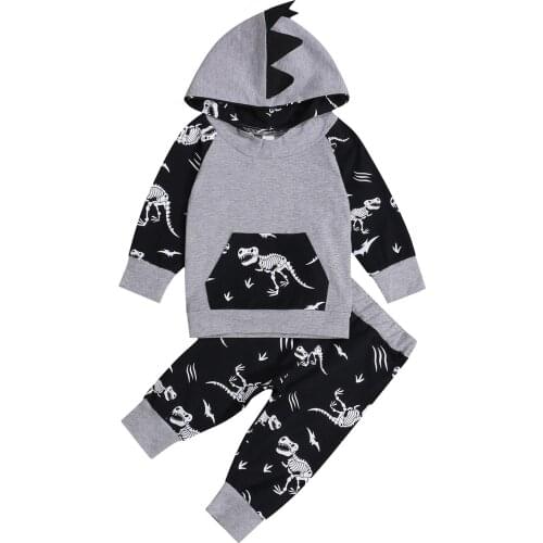 2021 0-18M Baby Boy Fall Clothing Long Sleeve Dinosaur Printed Hoodie and Elastic Waist Pants Set Spring Fall Tracksuit 2pcs Set