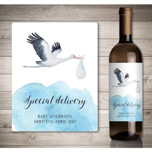 Personalized Baby Announcement Wine Bottle Labels, Special Delivery Stork Baby Pregnancy Announcement Ideas Wine Label Stickers