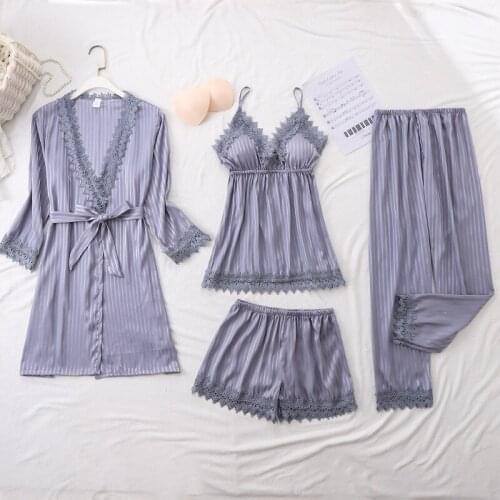 Sexy Satin Pajamas Suit Women Set Casual Kimono Bathrobe Gown Lace Nightwear Striped Sleepwear Homewear Pijamas