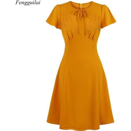 Retro Dress 50S 60S 40S 4Xl Plus Size Ladies Flared Sleeves Cuffs with a Line On The Neck Retro Dress Yellow Mustard Eleg
