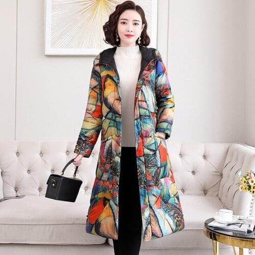 Women 2021 Winter New White Duck Down Thicken Coats Female Middle-aged Print Down Jacket Ladies Long Mother Hooded Outwear E578