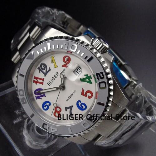 Sapphire Crystal BLIGER 40MM White Dial Ceramic Bezel Date Magnifier Solid Miyota Automatic Movement Mens Wrist Watches B107