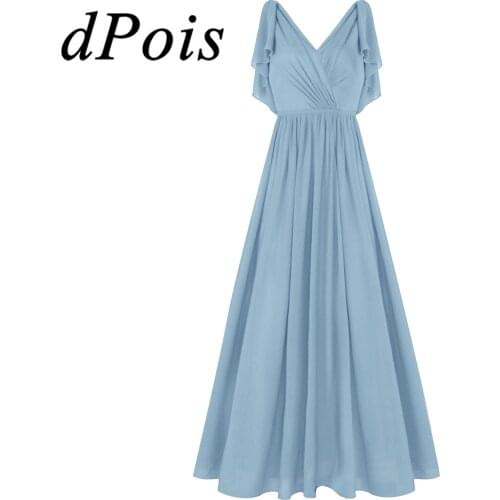 Elegant Womens Dresses Sexy Ladies Deep V Neck Open Back Sleeveless Ruffled Chiffon Dress for Wedding Party Bridesmaid Prom Gown