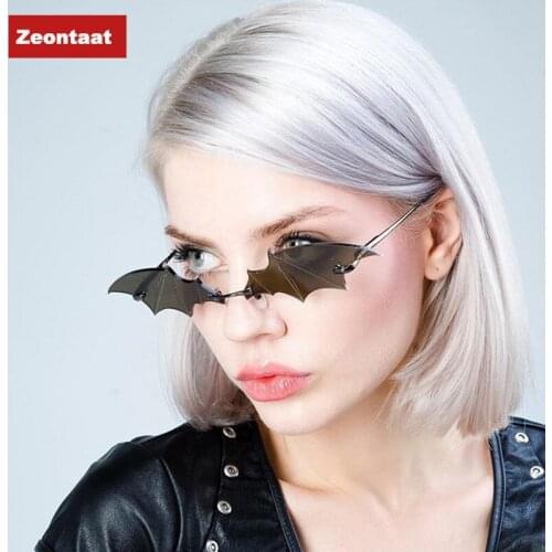 Ashion Rimless Sunglasses Women Trendy Bat Shaped Sun Glasses Female Male Vintage Black Mirror Shades Metal Oculos De Sol