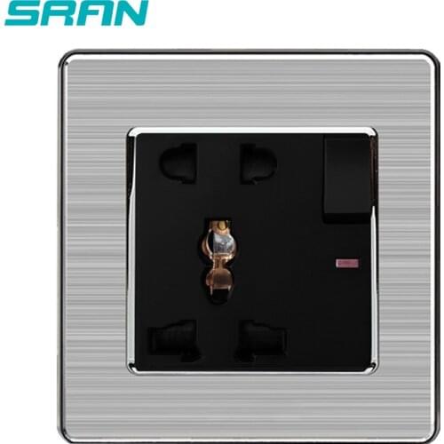 SRAN Universal socket 13A 5 pin switched with led stainless steel brushed panel 86mm*86mm white/black/gold power socket