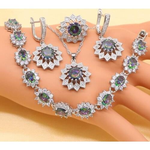 XUTAAYI New Silver colorJewelry Sets Women Multi Color Semi-precious Necklace Pendant Bracelets Earrings Ring Christmas Gift