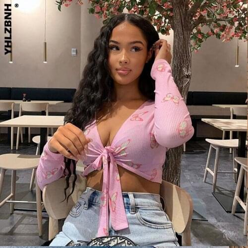 YHLZBNH Sexy V-neck Bow Knitting Crop Top Autumn Women Print Long Sleeve Slim T-shirt 2020 Casual Streetwear Simple Tee Blouses