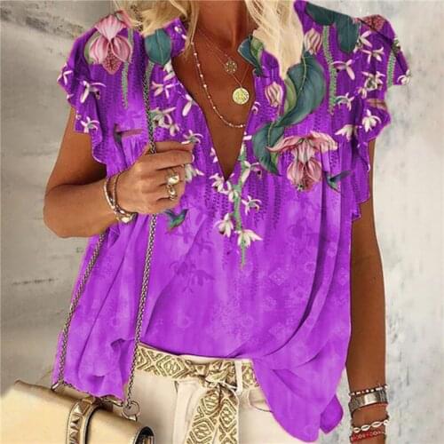Womens Summer Vintage Top Sexy Short Sleeve Casual T-Shirts Flower Printed Female V-Neck Loose Plus Size Streetwear Top
