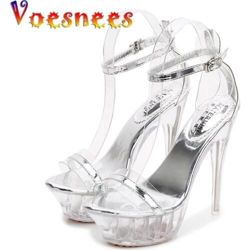 Voesnees Womens Sandals High-heeled 14CM Transparent Glass Crystal Ladies Shoes Model Fashion Show Stage Performance Shoes
