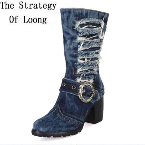 Spring Autumn Women Denim Metal Buckle Half Mid-Calf Boots Winter Ladies Plush Thick High Heels Western Cowboy Boots 20200304