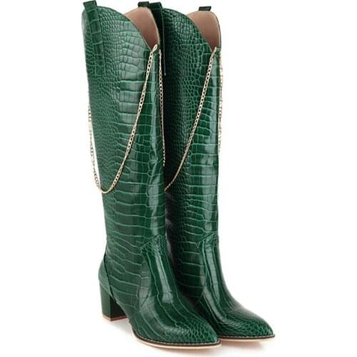 OLOMLB Womens Pointy Toe Stone Pattern Knee The Thigh Boots Block High Heel Metal Chain Western Chelsea Shoes Plus Size 34-48