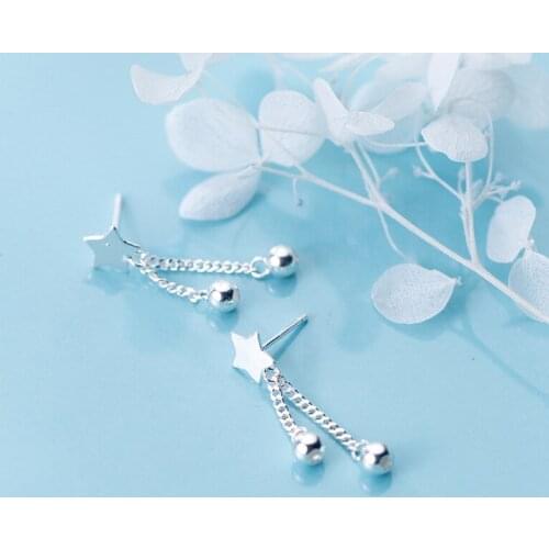 MloveAcc Authentic 925 Sterling Silver Sparkling Exquisite Chain Tassel Star Drop Earrings for Women Fine Jewelry Gift