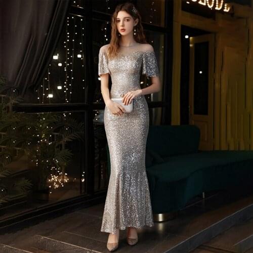Evening Dresses Short Sleeves Beads O-Neck Sequins Mermaid Pleat Ankle-length Elegant Plus size Women Formal Party Dress C1074