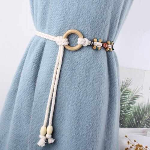 Lovely girl woven braided knitted cotton hemp rope belts for women circular ring buckle thin belt knot waist chain straps
