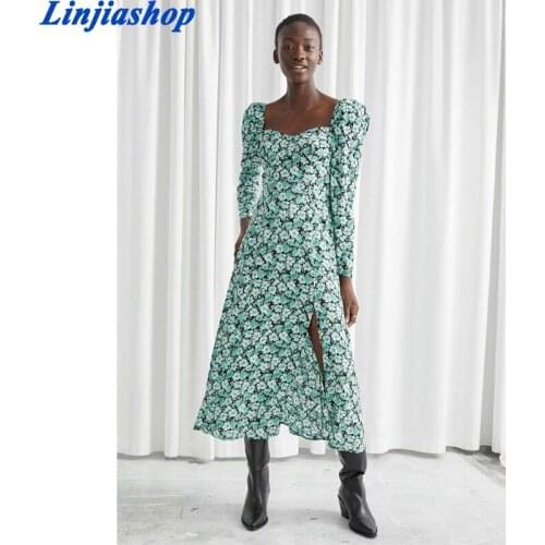 Za Dress Vintage Print Long Maxi Dress Autumn Spring Long Sleeve Ladies Split Dress Slim Vestidos Spring long Dress