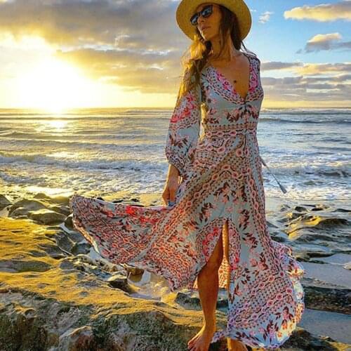 AYUALIN lantern long sleeve maxi dresses for women vintage rayon blue floral print v-neck tassel Autumn dress vestidos boho robe