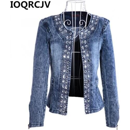 2019 Autumn Denim Jacket Rhinestone Sequins Elegant Vintage Short Basic Jacket Stretch Casual Long Sleeve Women Denim Coat R442