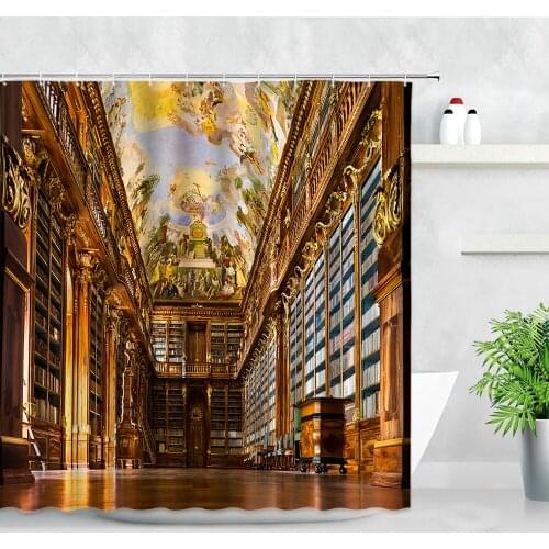 3D Prague Classic Library Museum Shower Curtains Modern Natural Waterproof Fabric Home Bathroom Decor Hooks Bath Curtain Set