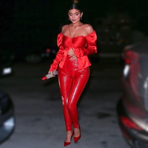 Satin Off the Shoulder Ruched Open Top Back Zipper Red Bardot Babe Top Inspired by Kyliejenner