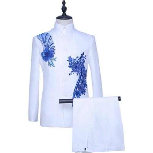 Applique youth sequins embroidered Blazer men groom suit set with pants mens wedding suits singer stage clothing formal dress