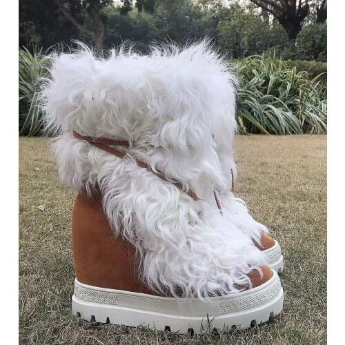 Eskimo Winter Curly Wool Fur Snow Boots 10cm inner wedge Height Increasing Ankle Boots Bandage Fur Boots Woman Short Booties