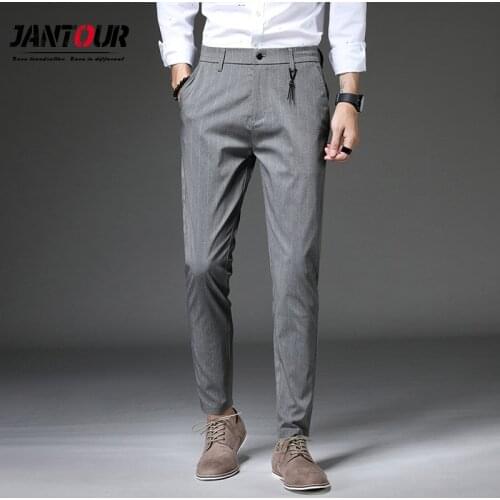 2021 New Brand Mens Spring Summer Casual Pants Men Striped Elastic Straight Gray Trousers Plus Size 33 34 36 38