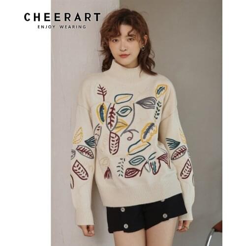 CHEERART Winter 2020 Pullover Sweater Women Embroidered Floral Turtleneck Knitted Jumper Beige Sweater Fashion Knitwear
