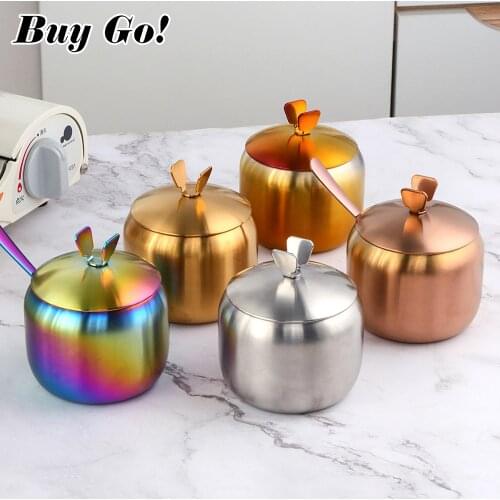 Kitchen Stainless Steel Gold Seasoning Condiment Pot Lovely Design Spice Salt Sugar Container Pepper Jar Tool with Lid and Spoon