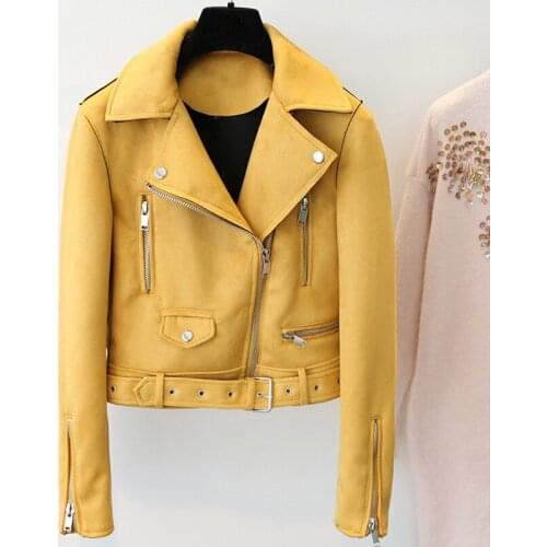 FTLZZ Spring Autumn Women Faux Suede Leather Jacket Biker Coat Slim Short Motorcycle Coats Basic Street Outwear Yellow Jackets