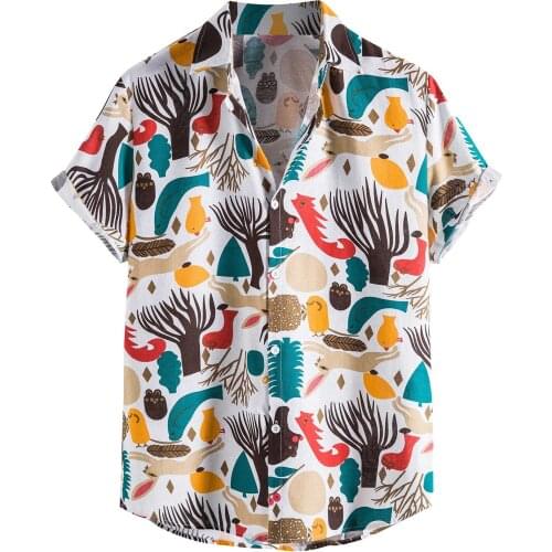 Summer New Mens Linen Ethnic Short Sleeve Casual Printing Hawaiian Shirt Blouse T-shirt Harajuku Chiffon Single Breasted