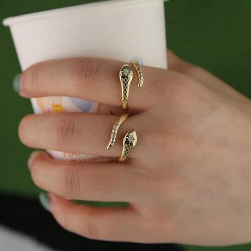 Animals snake shape micro pave cz sparking ring bling stabrust star engraved charm adjust band cz fashion trendy finger rings