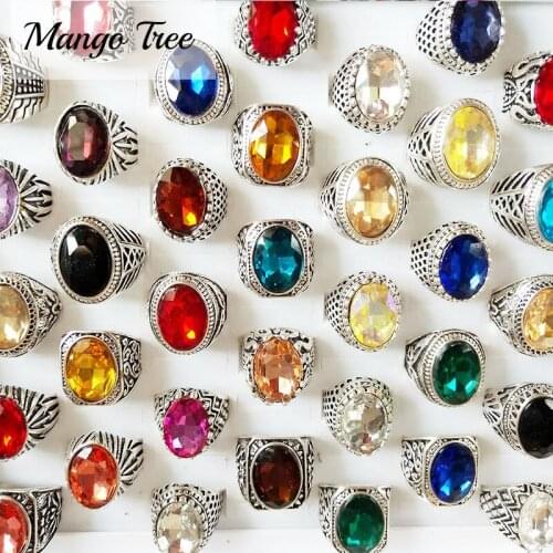 20pcs/Lot Mix Style Vintage Crystal Rhinestone Rings For Man and Women Retro Antique Silvery Wedding Metal Acrylic Band Jewelry