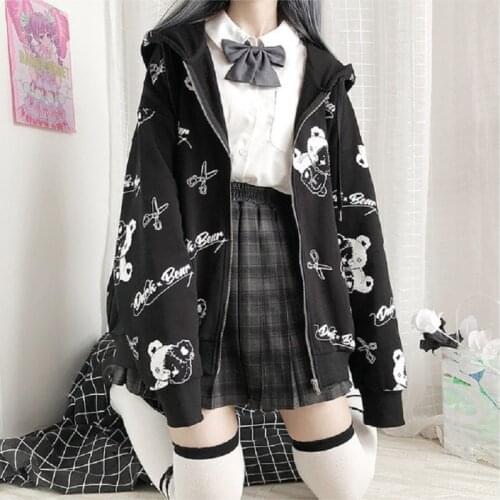 Japanese Gothic Coat Women Fashion Plus Velvet Warm Fall Winter Outwear Ins Preppy Hoodies Bear Print Long Sleeve Hoodie Jacket