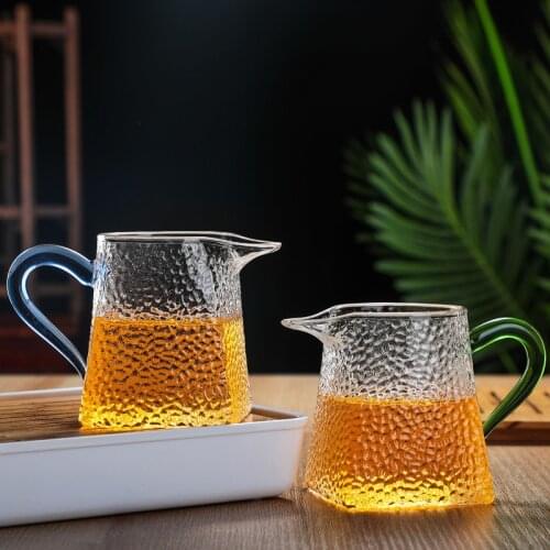 Square Heat Resistant Glass Serving Mug Pitcher Textured Hammered Handle Kung Fu Tea Heatable Teaware Blooming Flower Herb