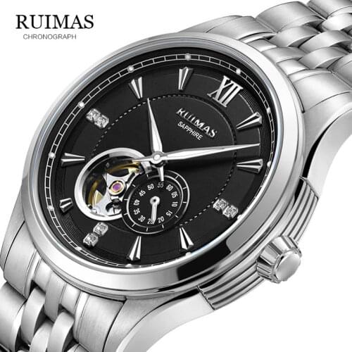 RUIMAS 2019 clock men Automatic Mechanical men watch top brand luxury waterproof Tourbillon style relogi RS6736G-1 Silver Black