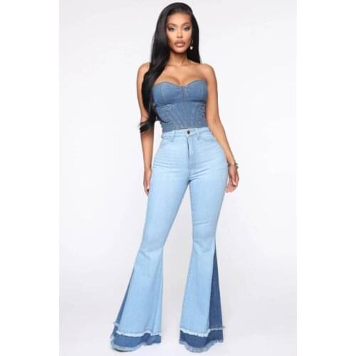 Autumn Womes Plus Size Push Up Jeans Bell Bottom Jeans Patchwork Pants Women High Waist Flare Streetwear Free Shipping Blue