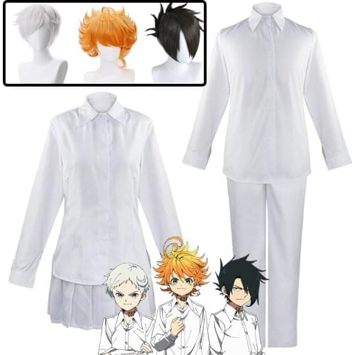 Anime The Promised Neverland Emma Ray Norman Cosplay Costume White Shirt Suit Wigs Halloween Party Role Play Uniform Outfits