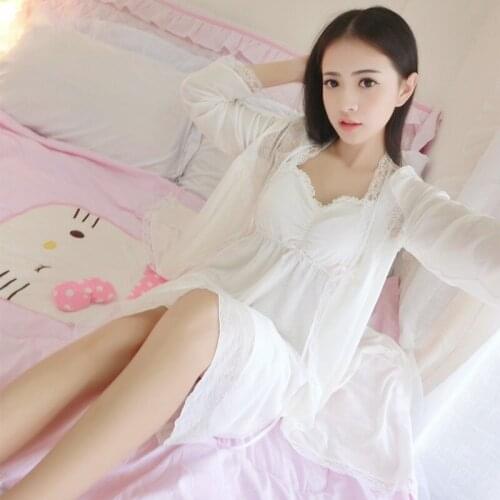 Korean Style Sexy Women Nightwear Fairy Pure Cotton Lace Sleepwear For Young Girl White Robe Set Free Shipping 2016 Best Selling