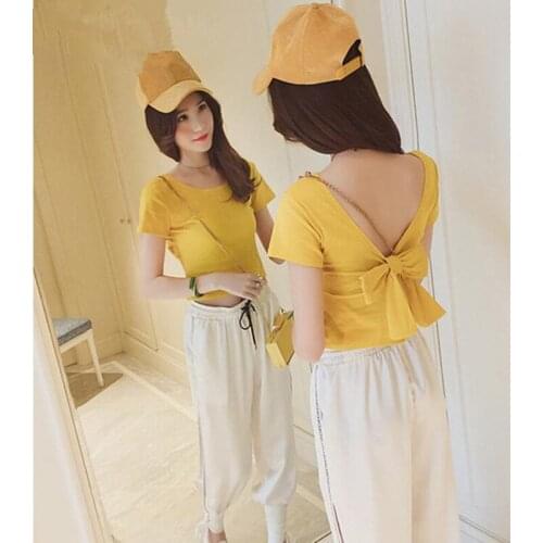 Pen Back Bow Casual Solid Female Cotton Backless T-Shirt Short Sleeve Round Neck TShirt High Waist Slim Sexy T-shirts for women