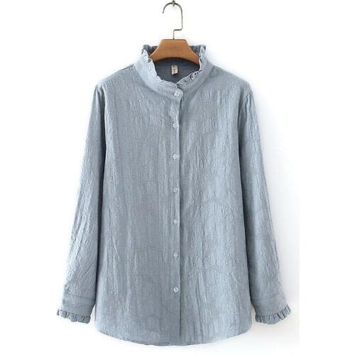 Plus Size Womens High Collar Full Cotton Tops Womens Long Sleeved Spring Summer New Female Blouse