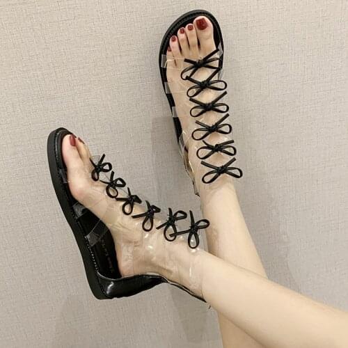 Sandals women 2021 new fashion all-match high-top flat-bottom womens sandals transparent bow Roman womens sandals